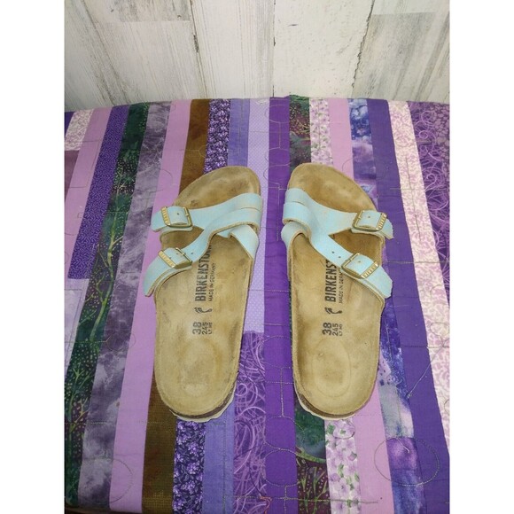 Birkenstock Yao Balance Washed Metallic Aquamarine Leather Sandals Sz 38 / US 7 - Picture 10 of 11